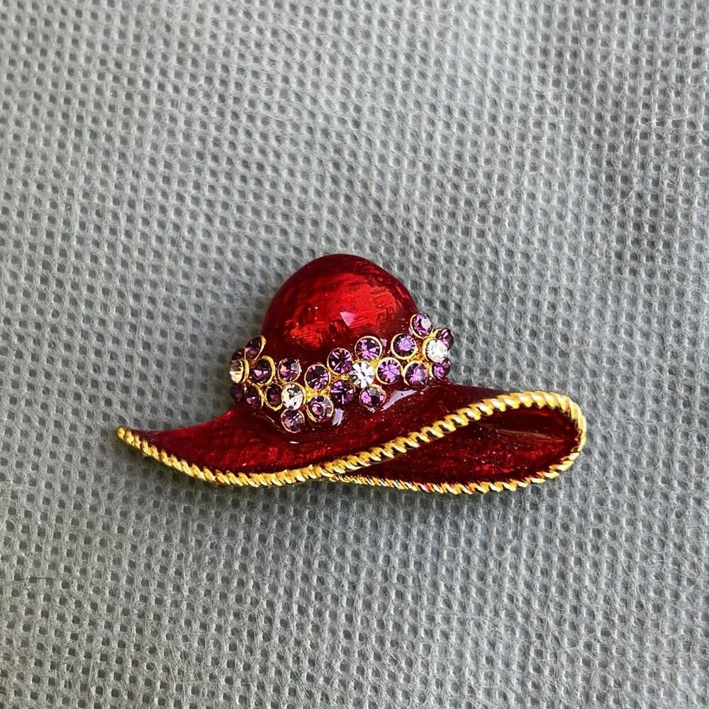 Red Hat Society Purple Rhinestone Floral Brooch Pin Enamel 1" X 1.75"